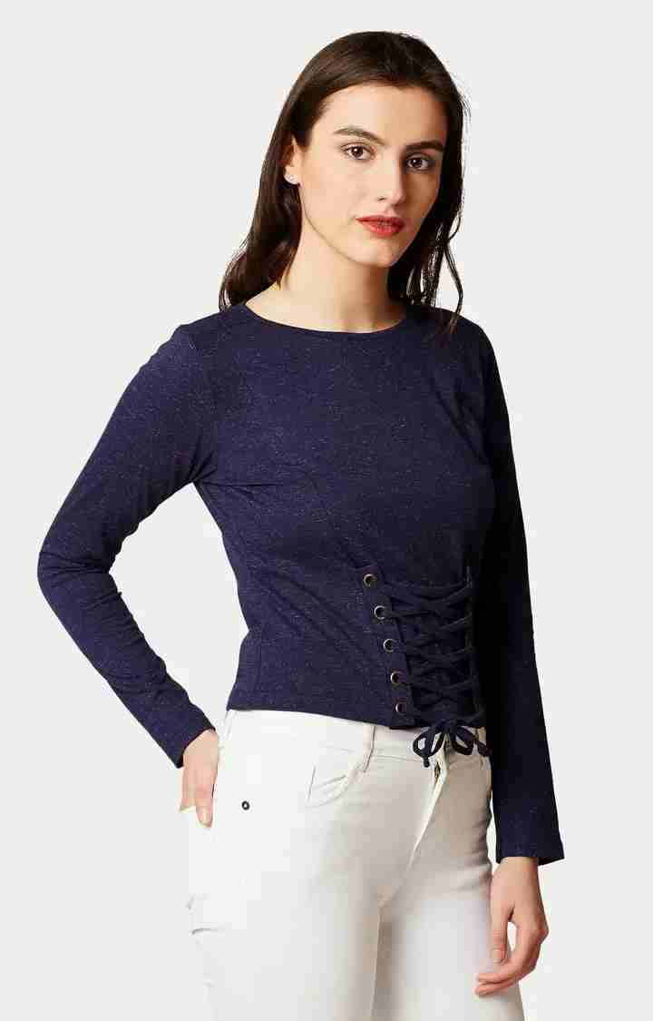 Women's Blue Cotton MelangeCasualwear Tops