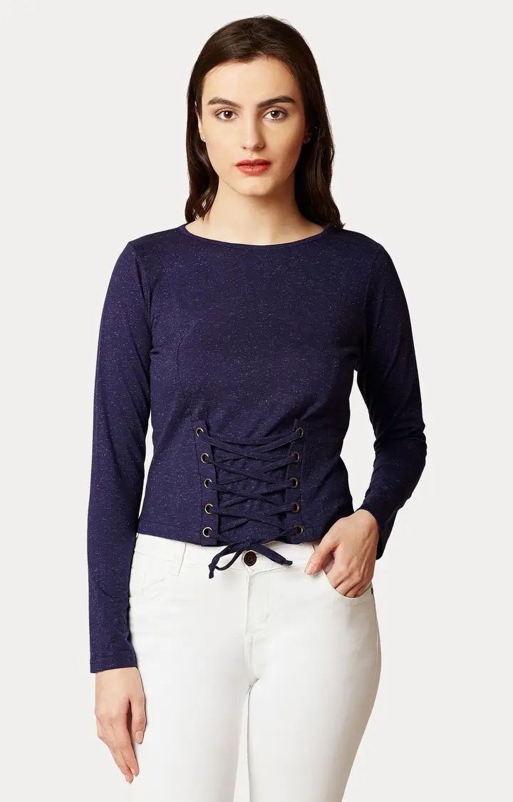 Women's Blue Cotton MelangeCasualwear Tops