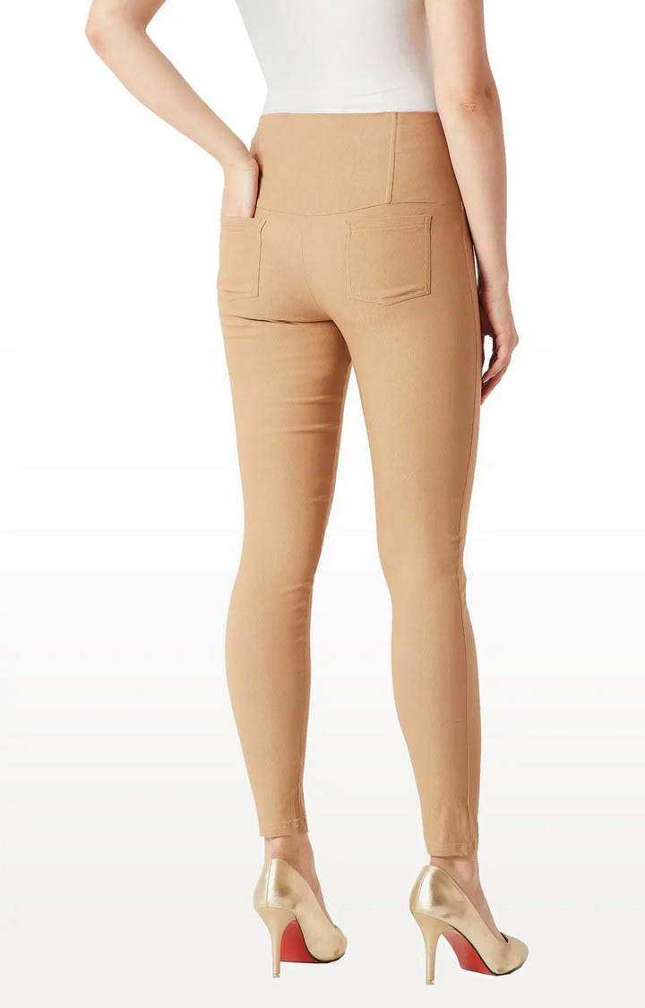 MISS CHASE | Women's Beige Solid Jeggings 3