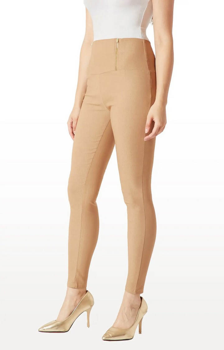 MISS CHASE | Women's Beige Solid Jeggings 2