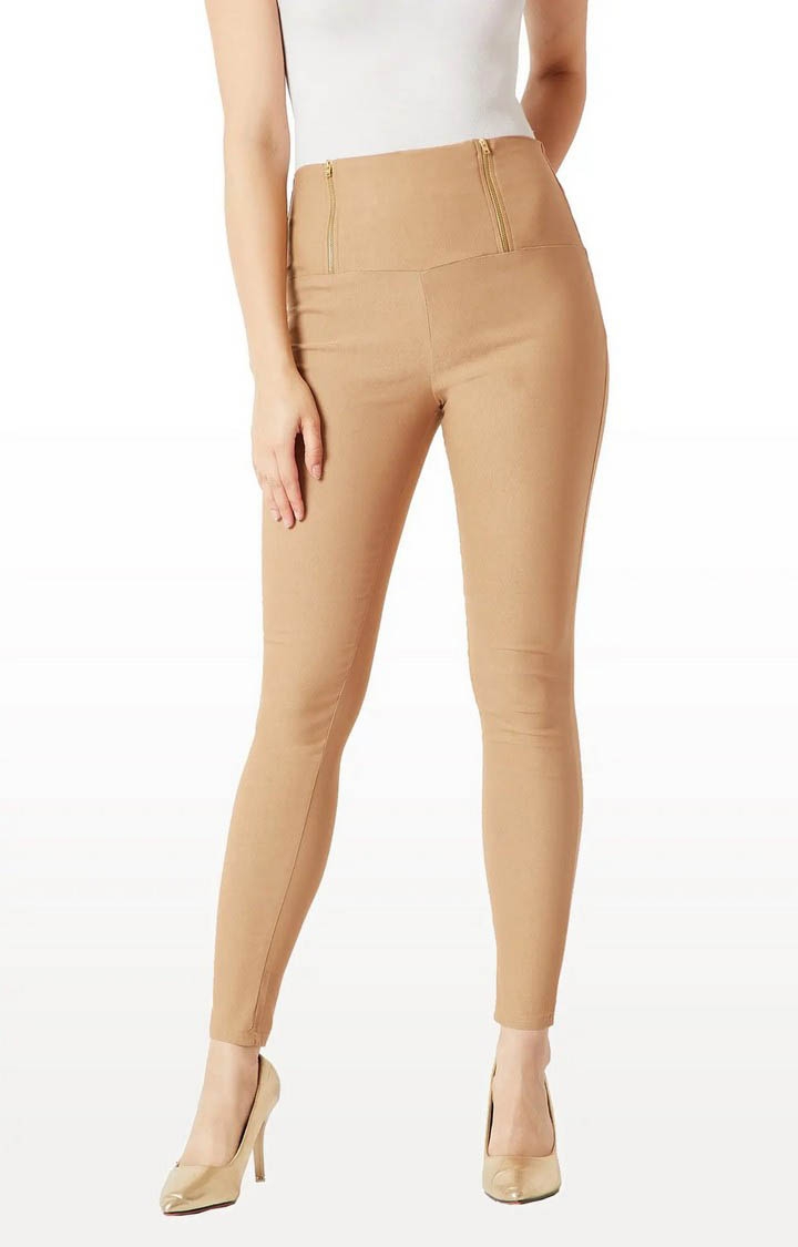 MISS CHASE | Women's Beige Solid Jeggings 0