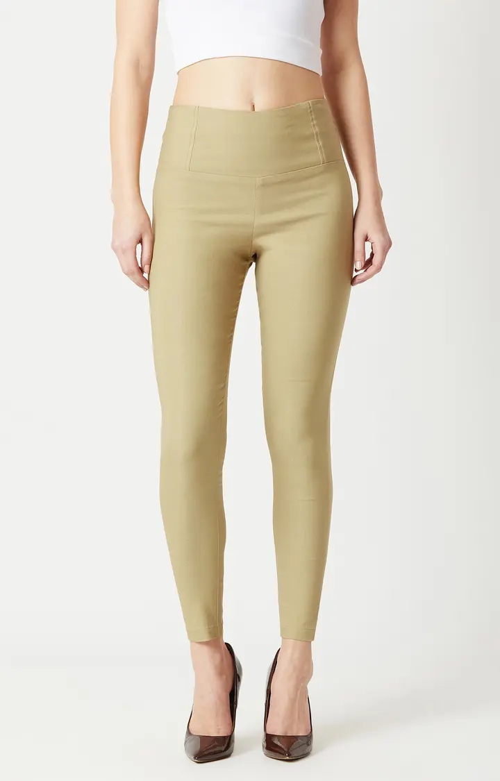 MISS CHASE | Women's Beige Solid Jeggings