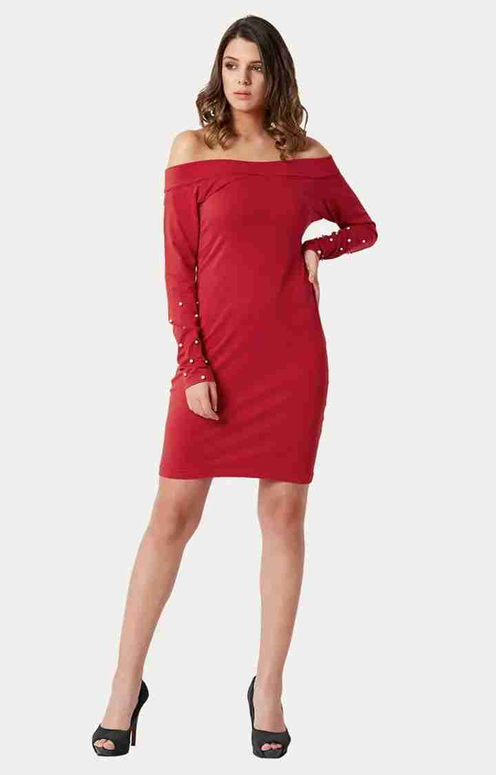 Women's Red Polyester SolidEveningwear Off Shoulder Dress