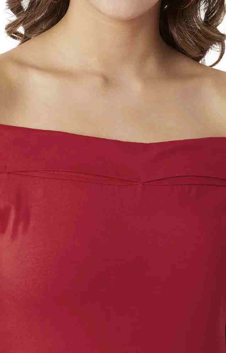 Women's Red Polyester SolidEveningwear Off Shoulder Dress