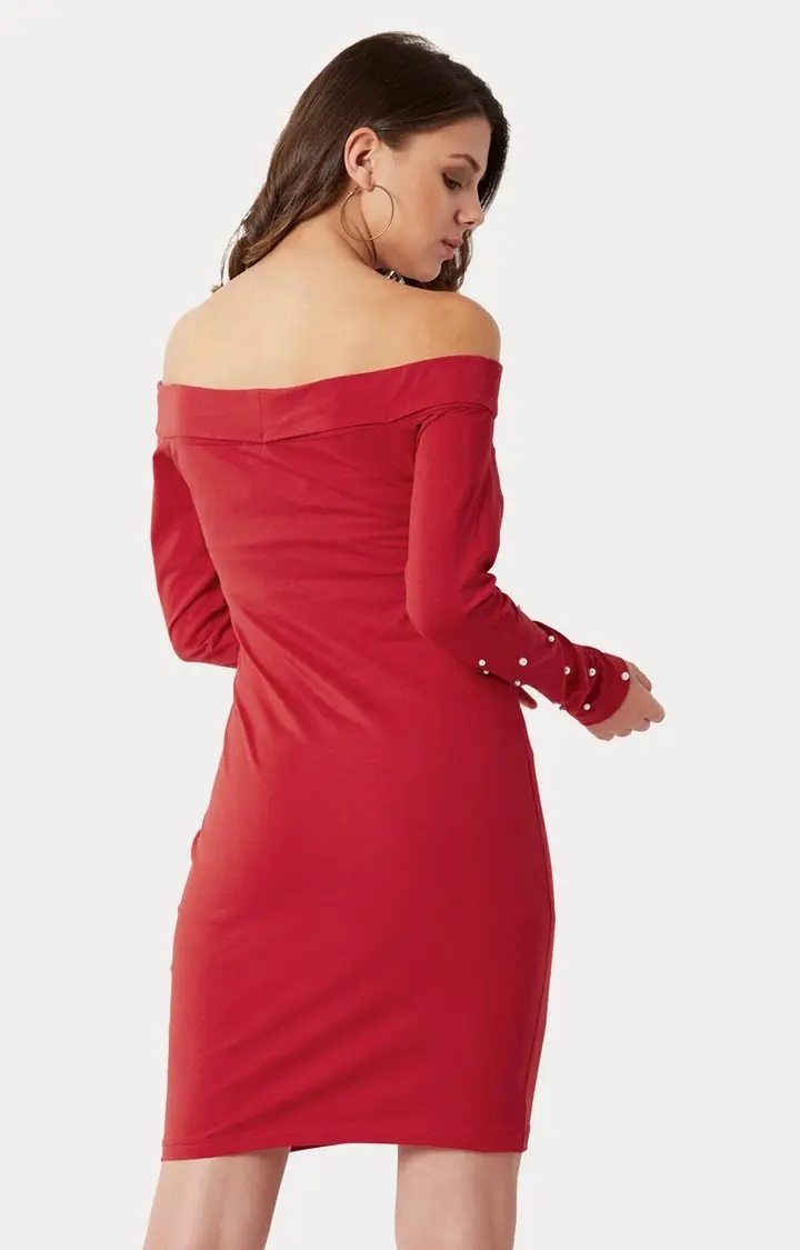 Women's Red Polyester SolidEveningwear Off Shoulder Dress