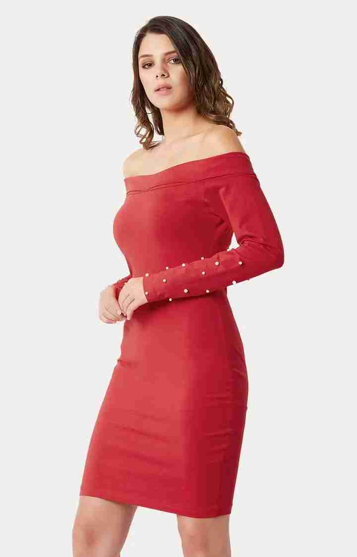 Women's Red Polyester SolidEveningwear Off Shoulder Dress