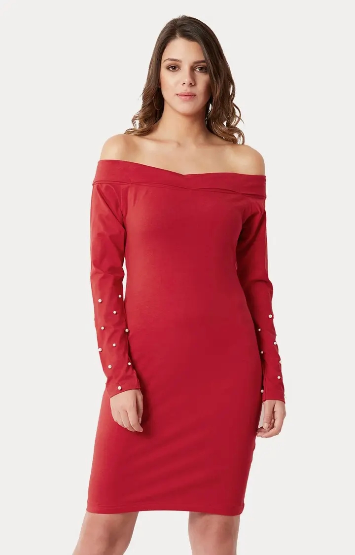 MISS CHASE | Women's Red Polyester SolidEveningwear Off Shoulder Dress