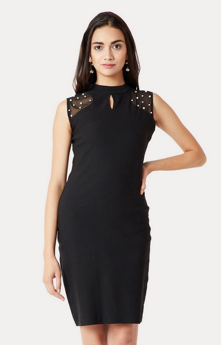 Women's Black Polyester SolidEveningwear Sheath Dress