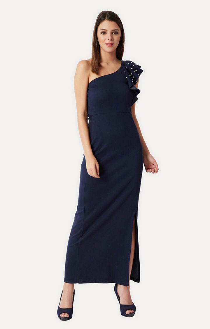 MISS CHASE | Women's Blue Cotton SolidEveningwear Maxi Dress