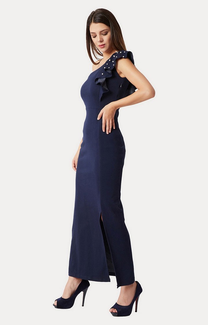 Women's Blue Cotton SolidEveningwear Maxi Dress