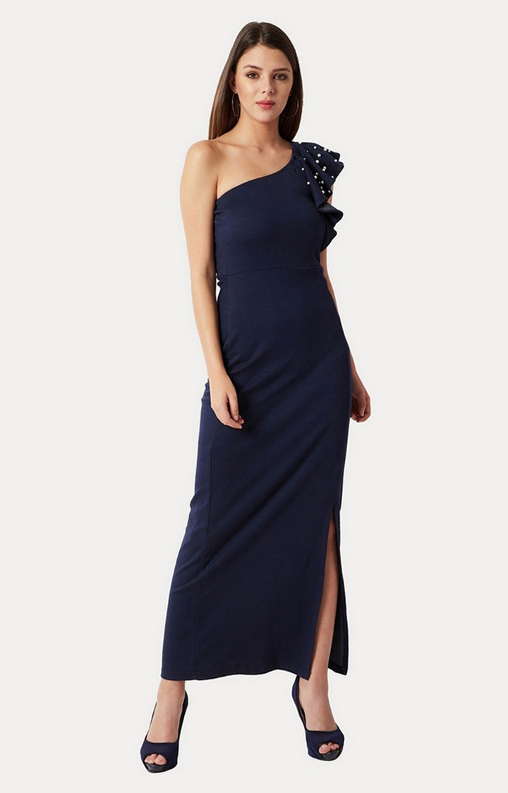 Women's Blue Cotton SolidEveningwear Maxi Dress