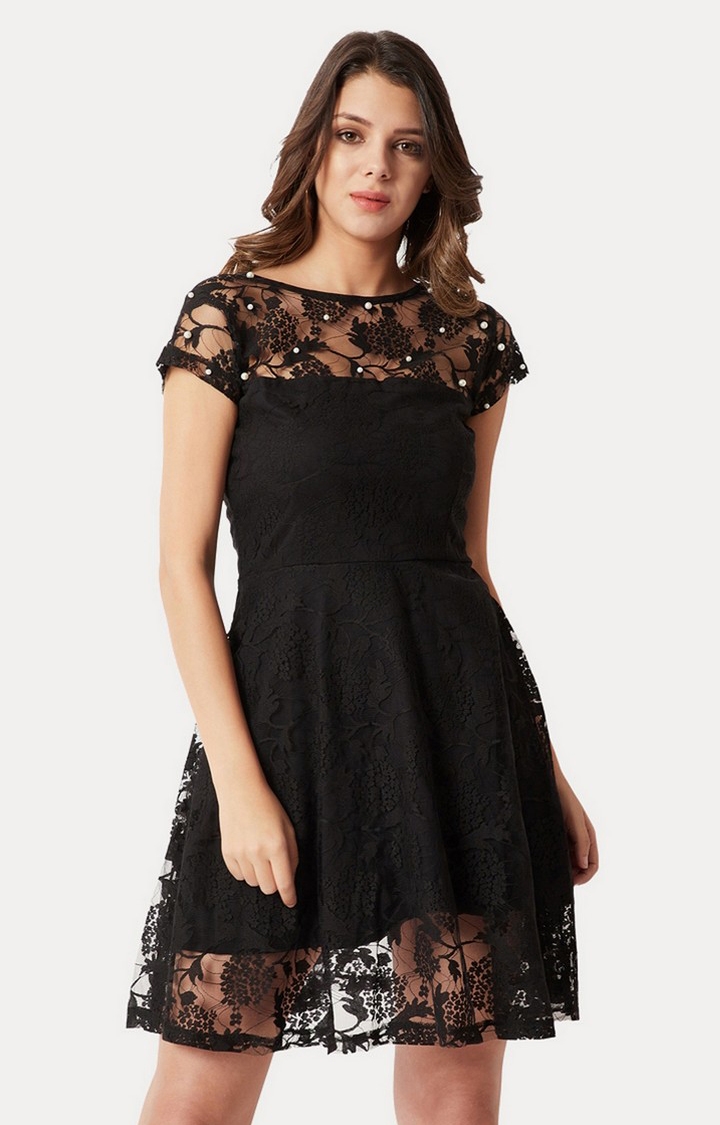 MISS CHASE | Women's Black Others SolidCasualwear Skater Dress