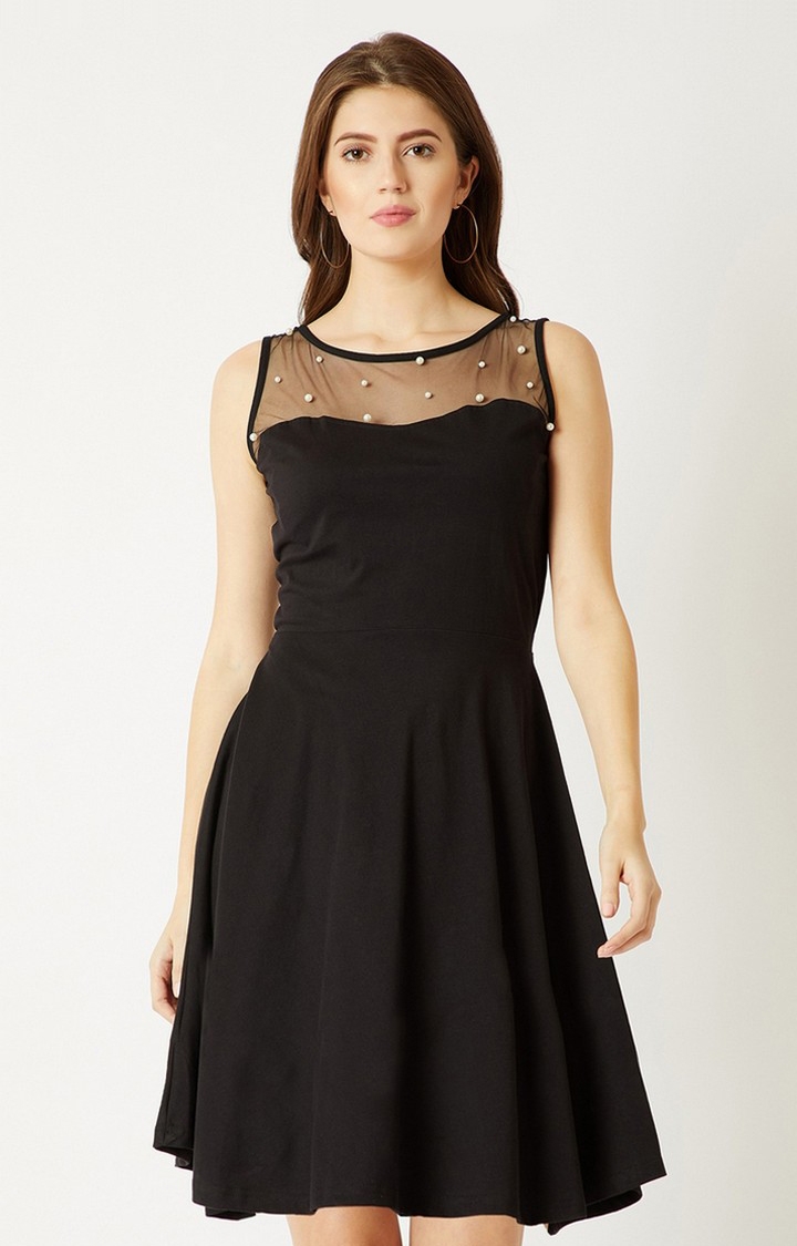 MISS CHASE | Women's Black Cotton SolidCasualwear Skater Dress
