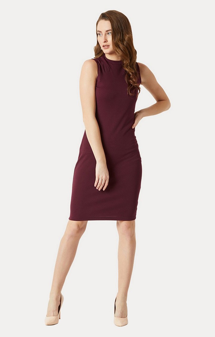 Women's Red Polyester SolidEveningwear Sheath Dress