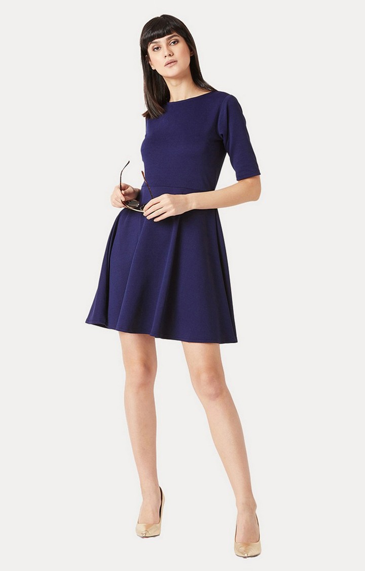 Women's Blue Polyester SolidCasualwear Skater Dress