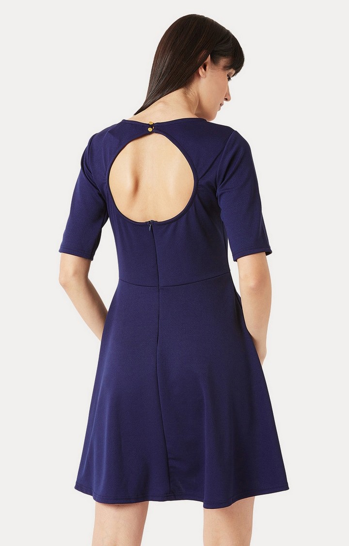 Women's Blue Polyester SolidCasualwear Skater Dress