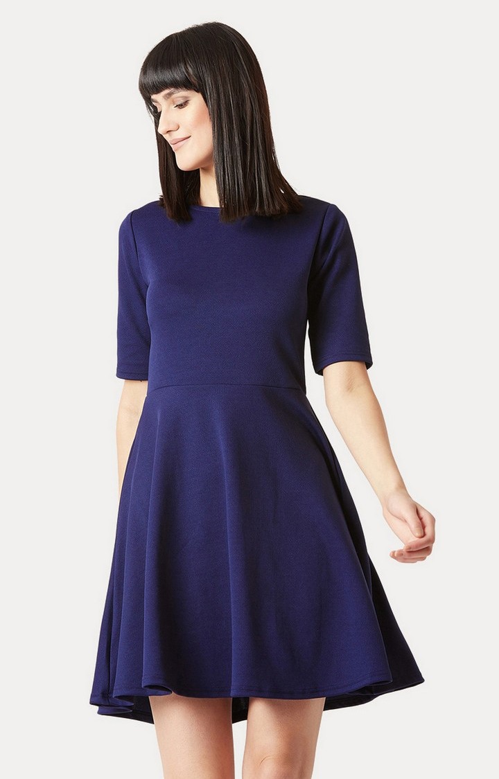 MISS CHASE | Women's Blue Polyester SolidCasualwear Skater Dress