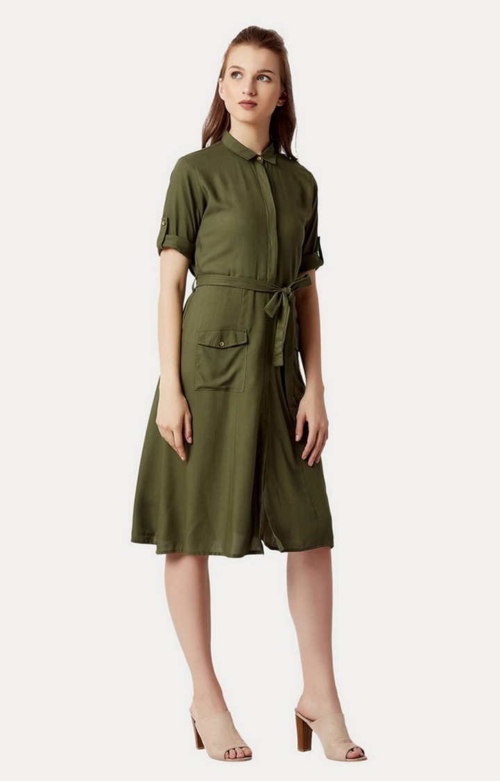 Women's Green Rayon SolidCasualwear Shirt Dress