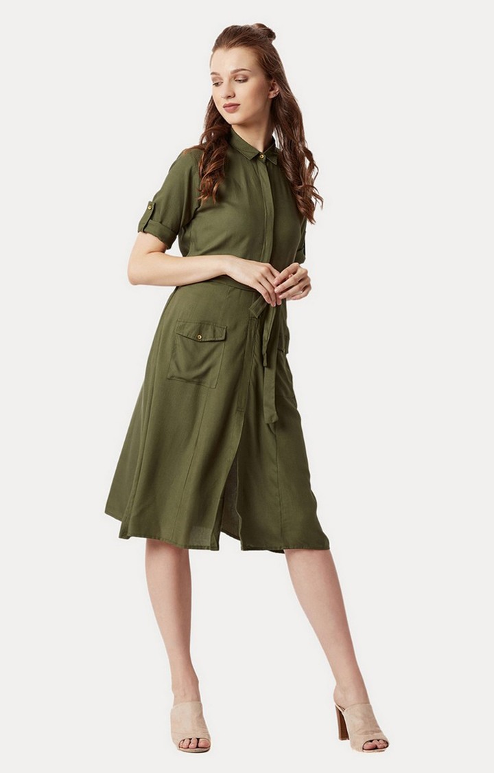 Women's Green Rayon SolidCasualwear Shirt Dress