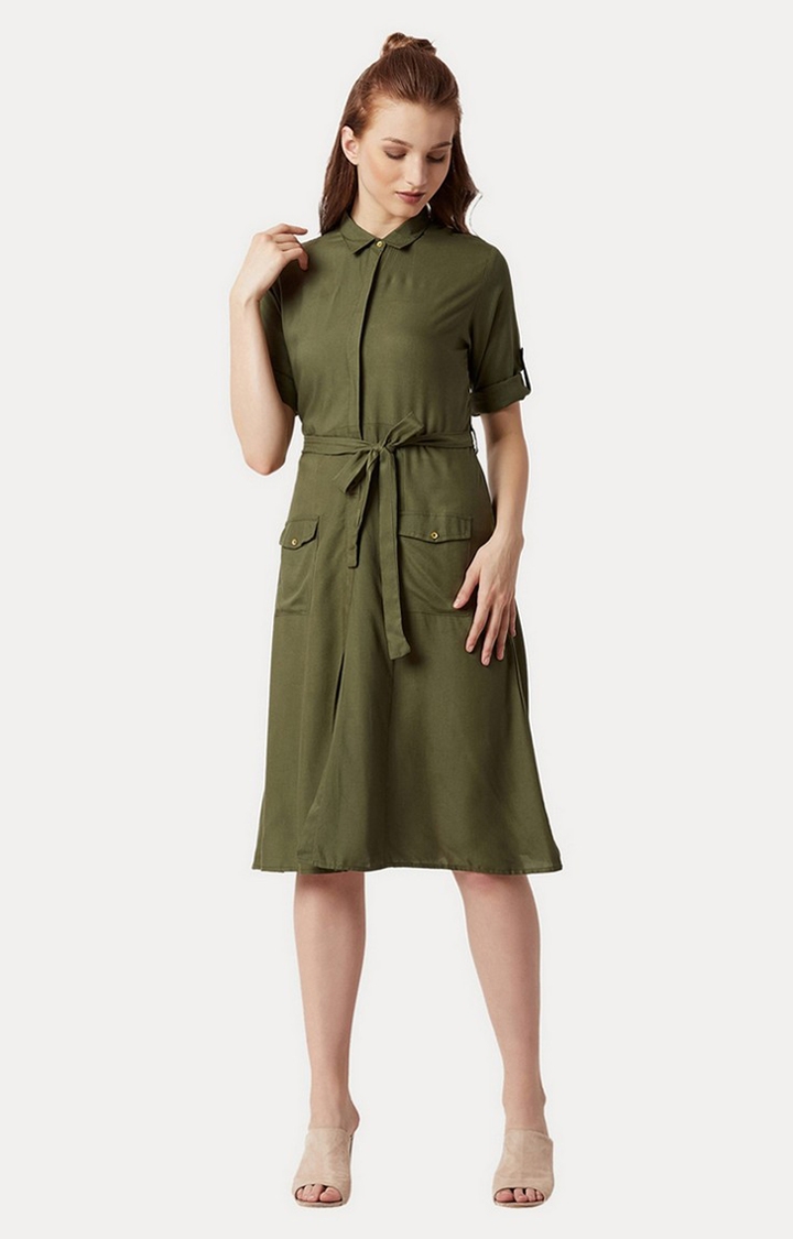 MISS CHASE | Women's Green Rayon SolidCasualwear Shirt Dress