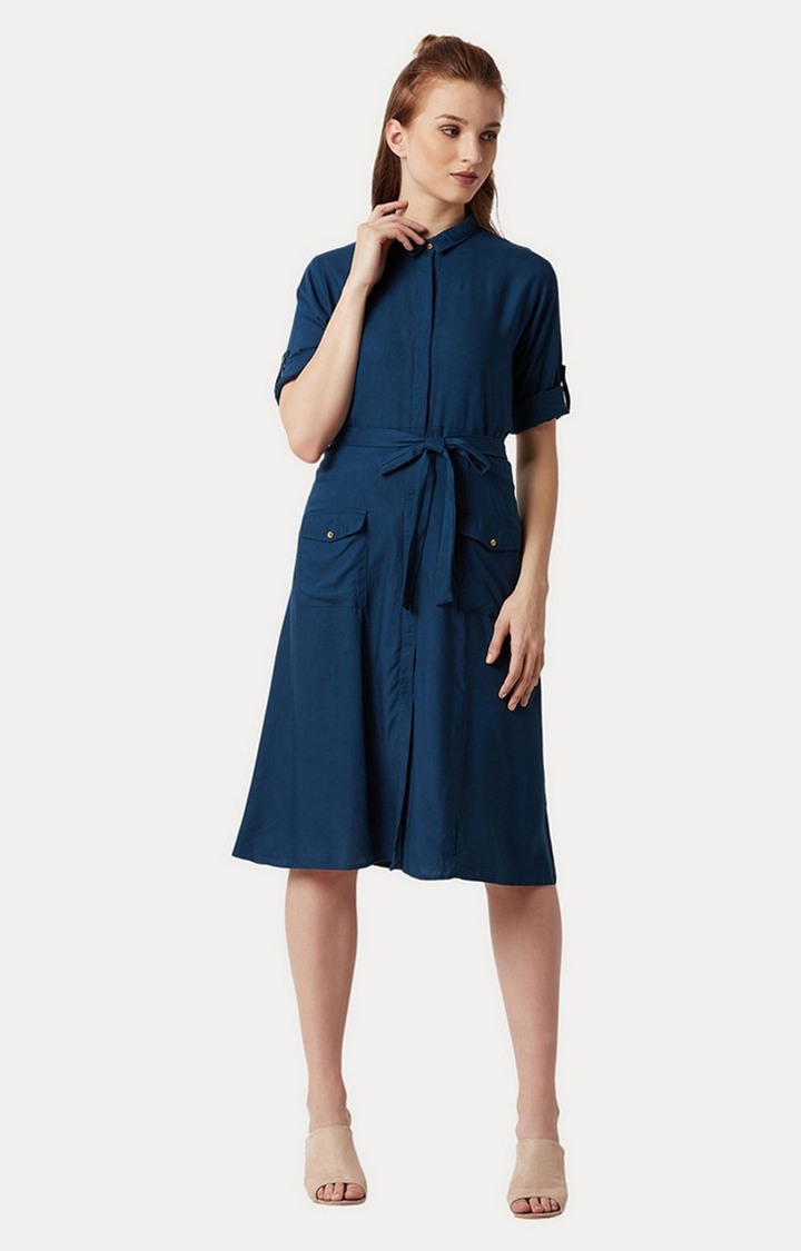 Women's Blue Rayon SolidCasualwear Shirt Dress