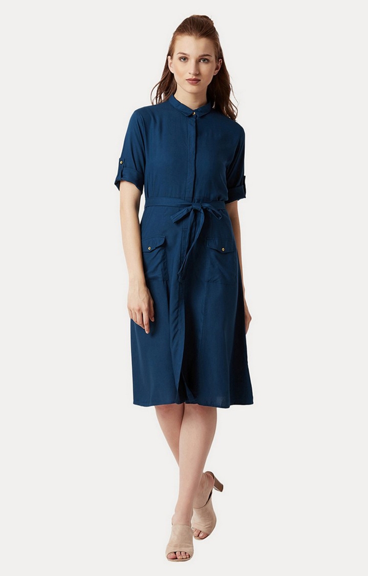 Women's Blue Solid Shirt Dress