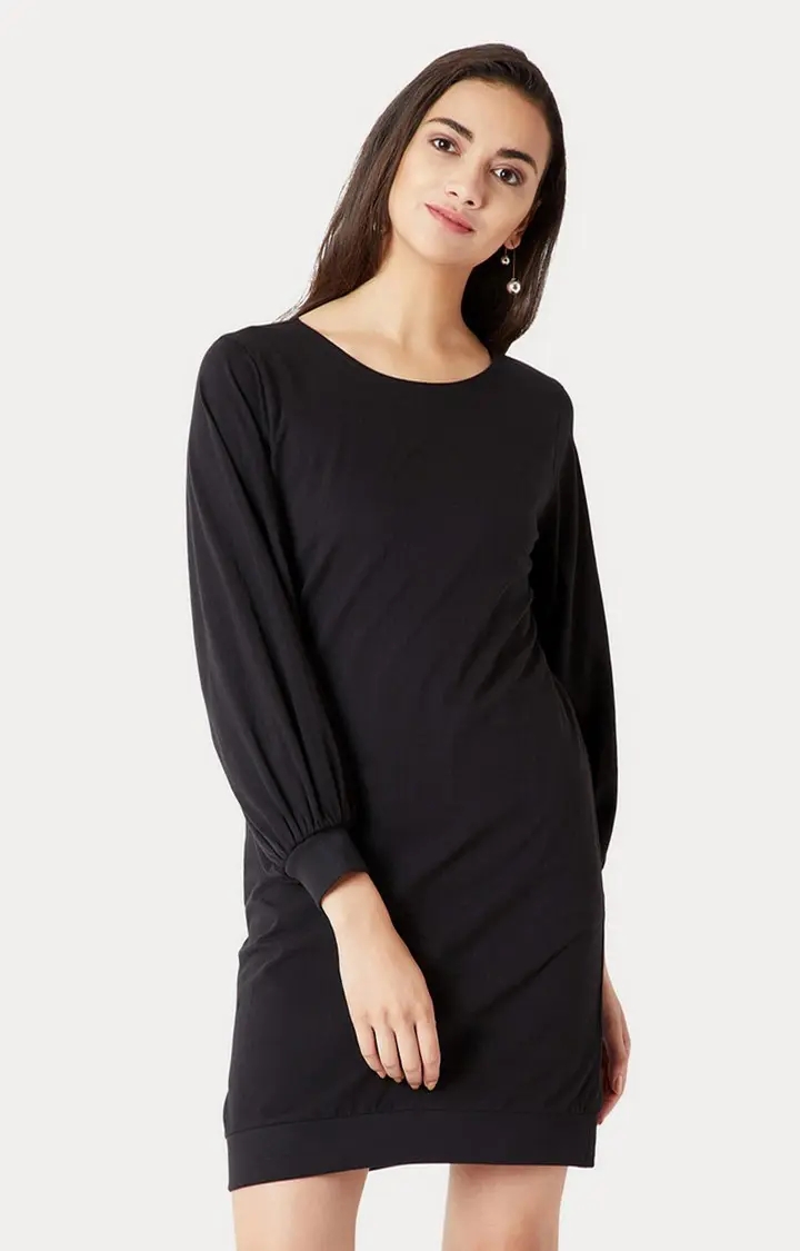 MISS CHASE | Women's Black Cotton SolidCasualwear Shift Dress