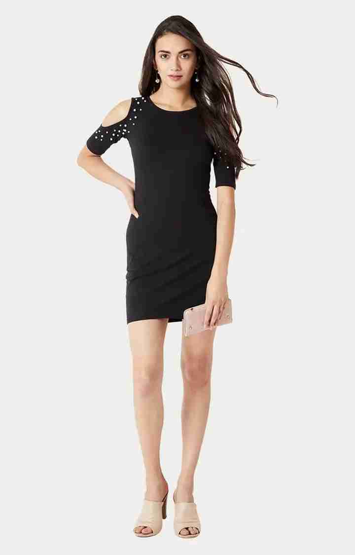 Women's Black Cotton SolidEveningwear Bodycon Dress