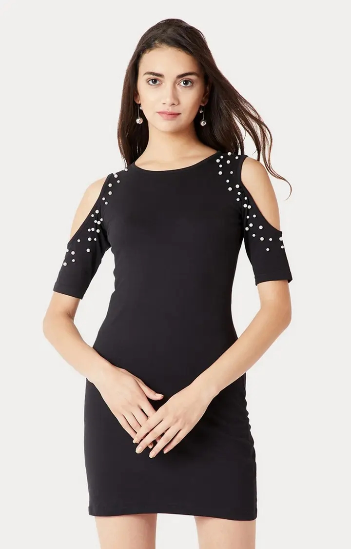 MISS CHASE | Women's Black Solid Bodycon Dress