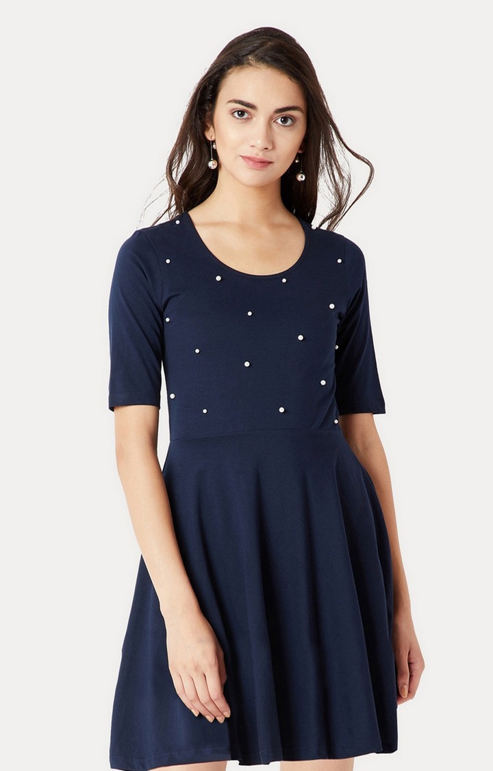 MISS CHASE | Women's Blue Cotton SolidCasualwear Fit & Flare Dress