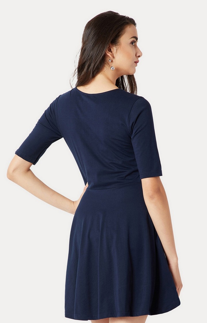 Women's Blue Cotton SolidCasualwear Fit & Flare Dress