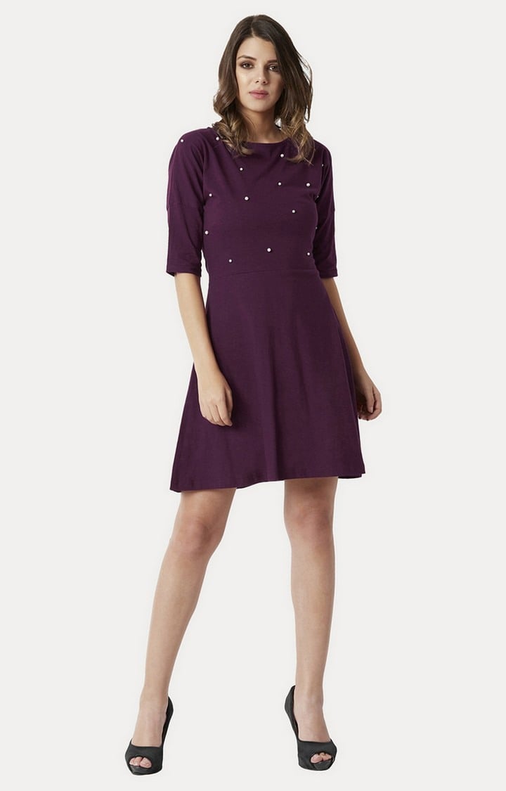 Women's Purple Cotton SolidCasualwear Skater Dress