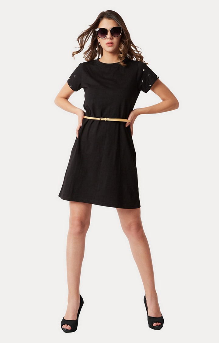 Women's Black Cotton SolidCasualwear Shift Dress