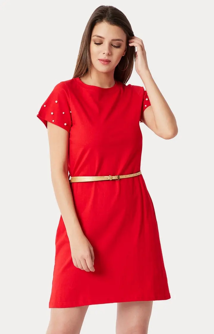 MISS CHASE | Women's Red Solid Shift Dress 0