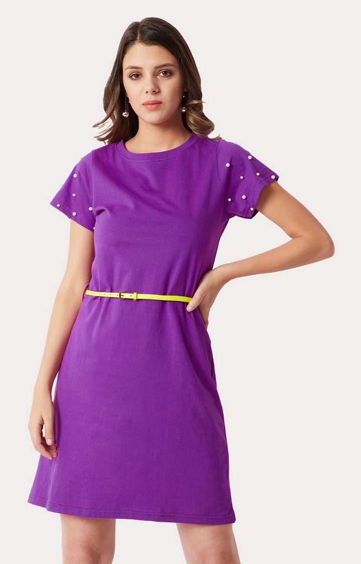 MISS CHASE | Women's Purple Cotton SolidCasualwear Shift Dress