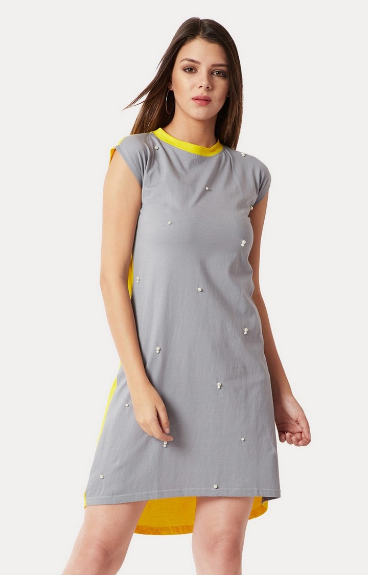 MISS CHASE | Women's Grey Cotton SolidCasualwear Shift Dress