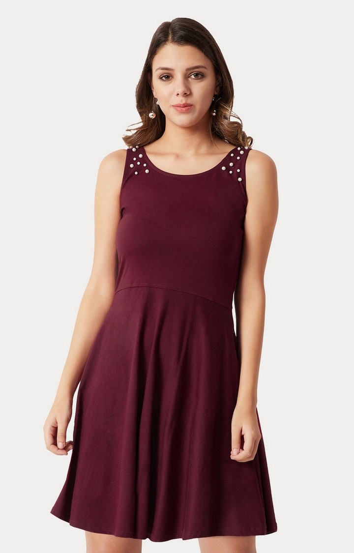 MISS CHASE | Women's Red Solid Skater Dress