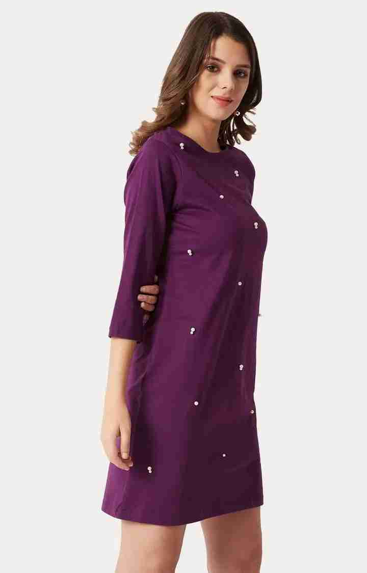 Women's Purple Cotton SolidCasualwear Shift Dress