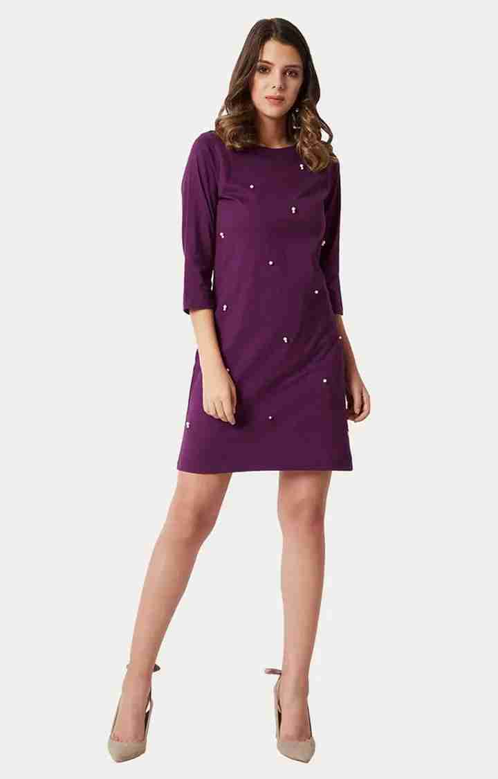 Women's Purple Cotton SolidCasualwear Shift Dress