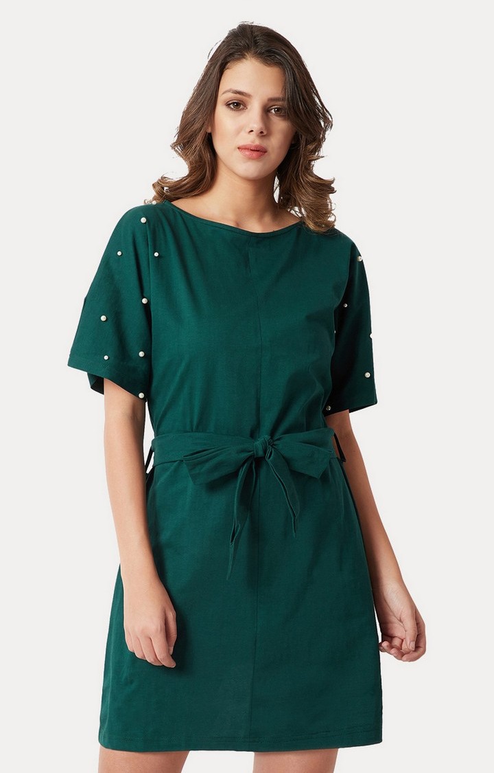 Women's Green Cotton SolidEveningwear Shift Dress