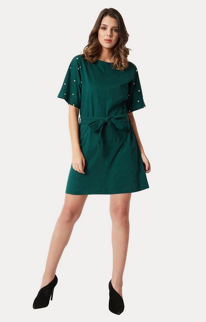 Women's Green Cotton SolidEveningwear Shift Dress
