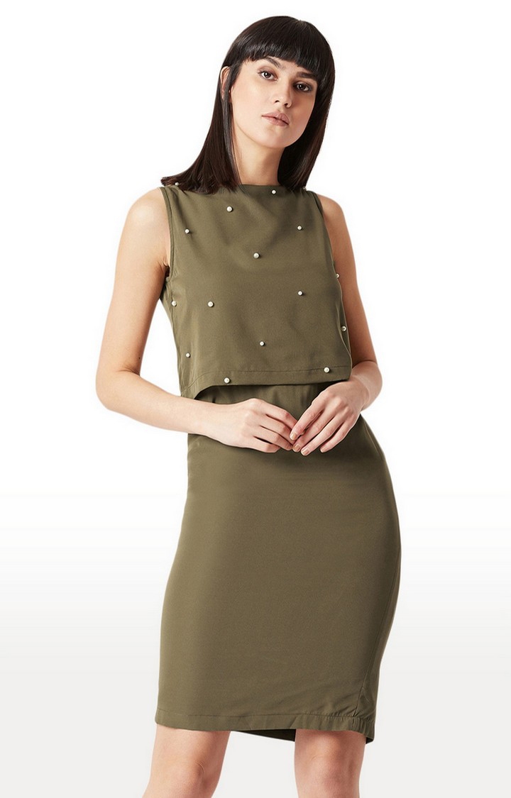 MISS CHASE | Women's Green Solid Sheath Dress 0