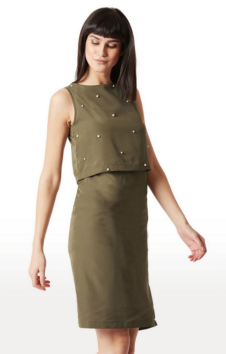 MISS CHASE | Women's Green Solid Sheath Dress 2