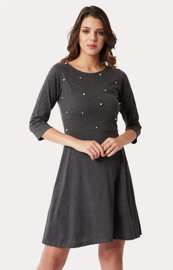MISS CHASE | Women's Grey Cotton SolidCasualwear Skater Dress