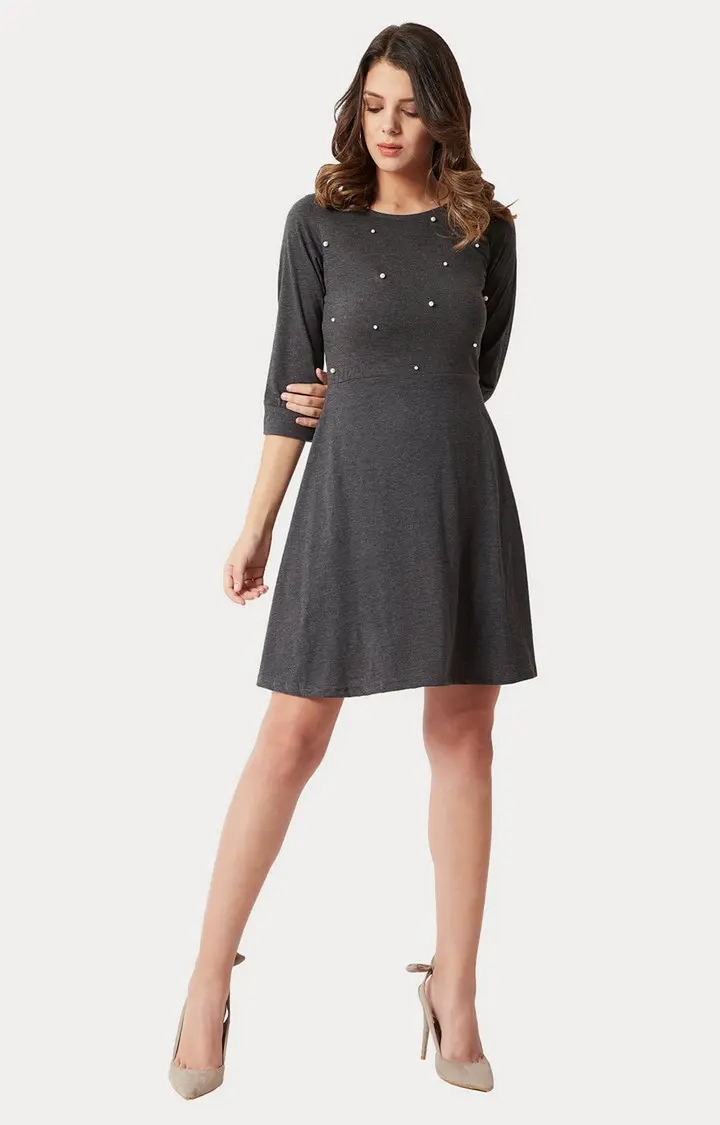 MISS CHASE | Women's Grey Solid Skater Dress 1