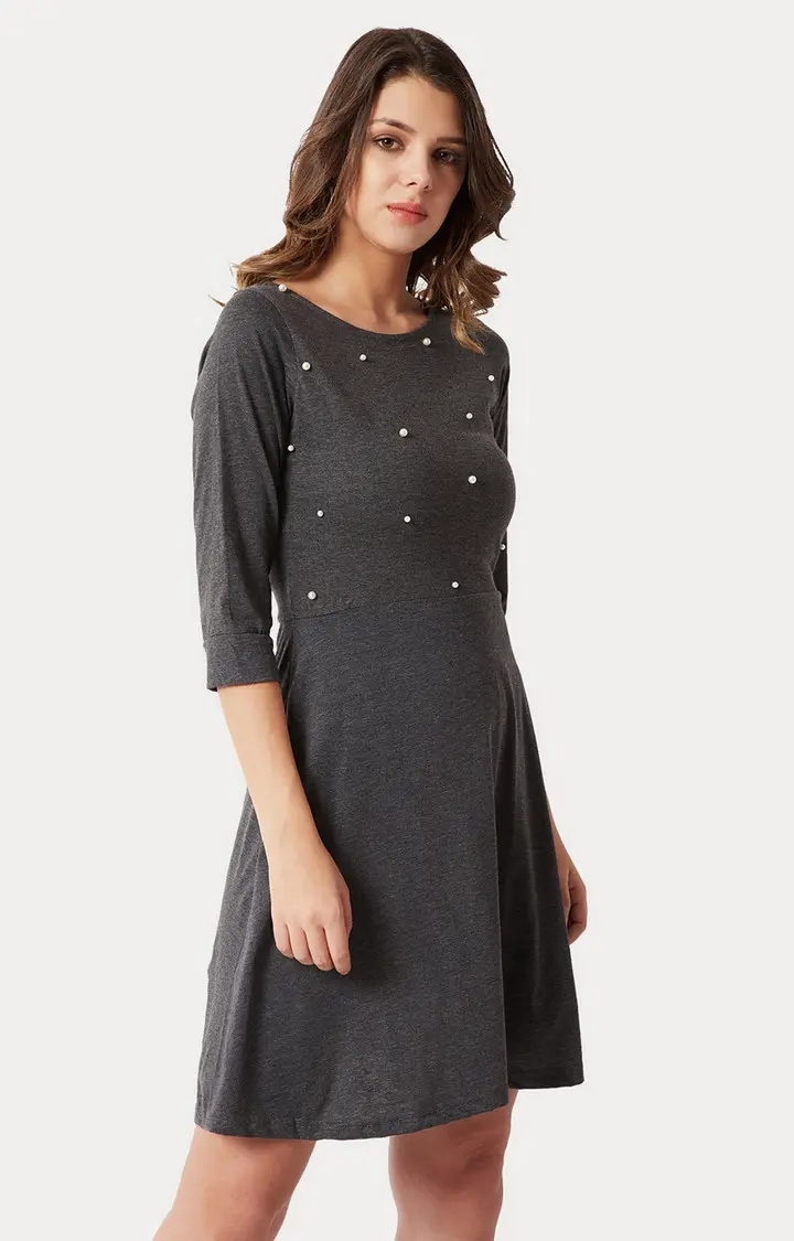 MISS CHASE | Women's Grey Solid Skater Dress 2