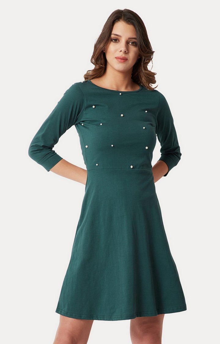 MISS CHASE | Women's Green Cotton SolidCasualwear Skater Dress