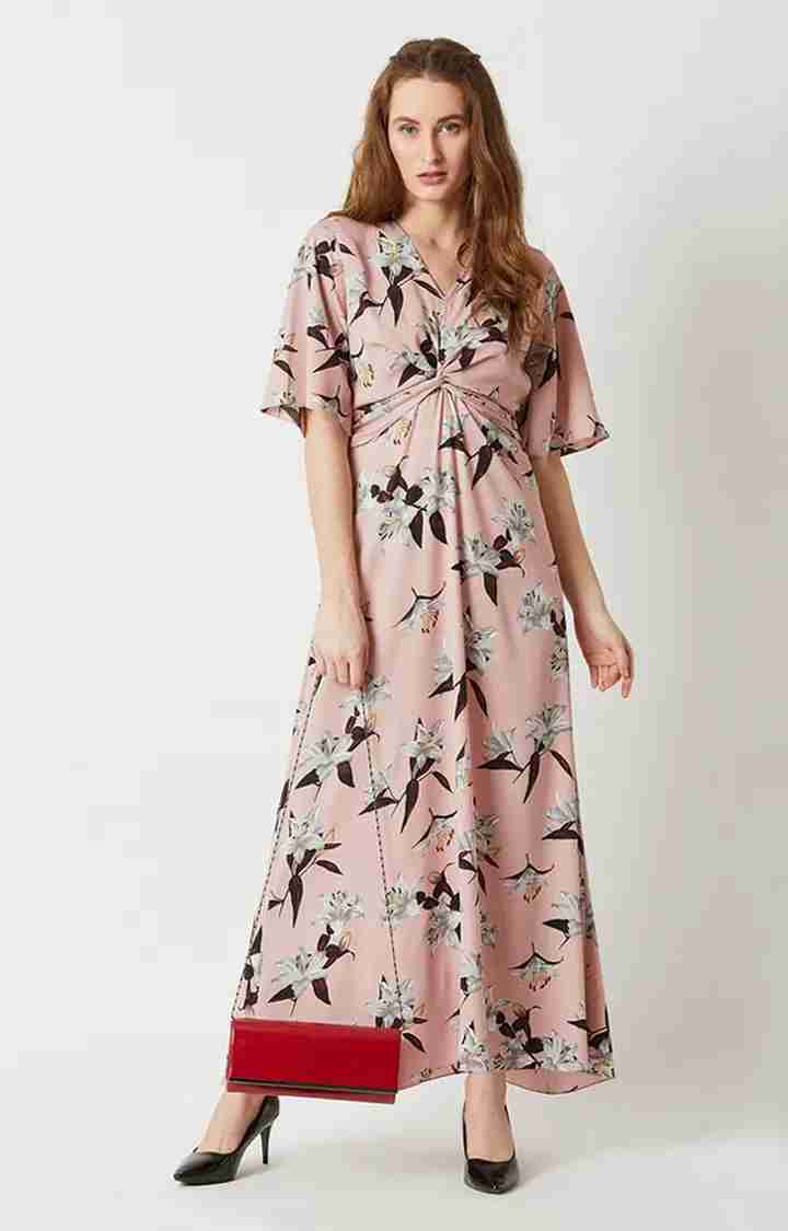 Women's Pink Crepe FloralCasualwear Maxi Dress