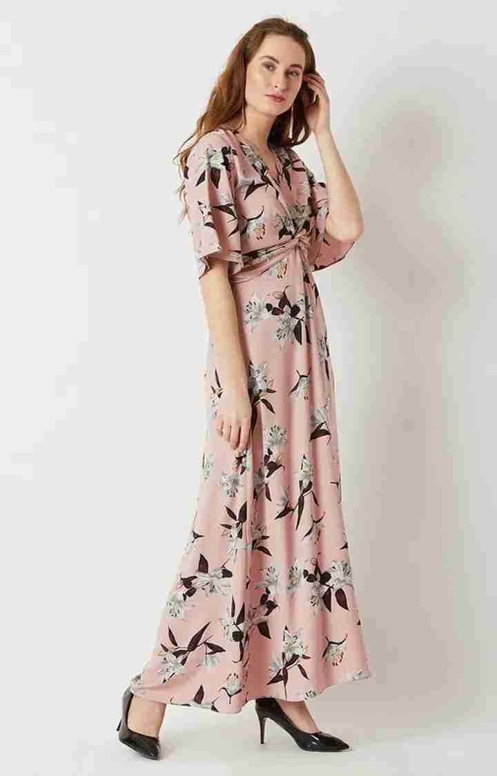 Women's Pink Crepe FloralCasualwear Maxi Dress