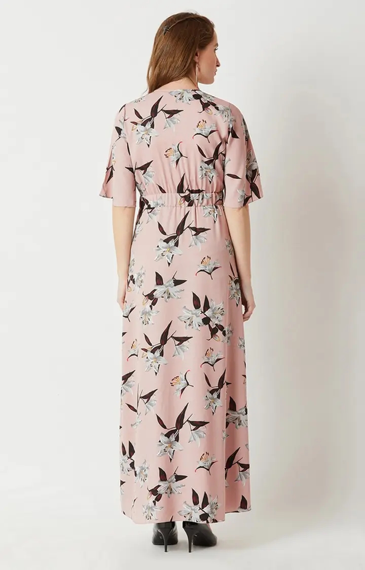 Women's Pink Crepe FloralCasualwear Maxi Dress